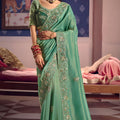  Sea Green Georgette Saree Heavy Zari Embroidery Designer Blouse 