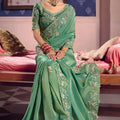 Sea Green Georgette Saree Heavy Zari Embroidery Designer Blouse