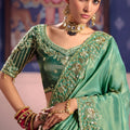 Sea Green Georgette Saree Heavy Zari Embroidery Designer Blouse