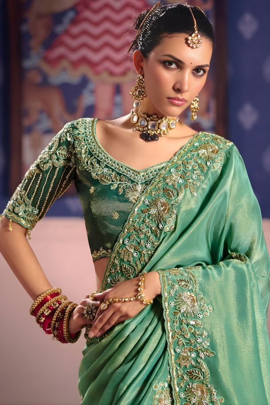 Sea Green Georgette Saree Heavy Zari Embroidery Designer Blouse