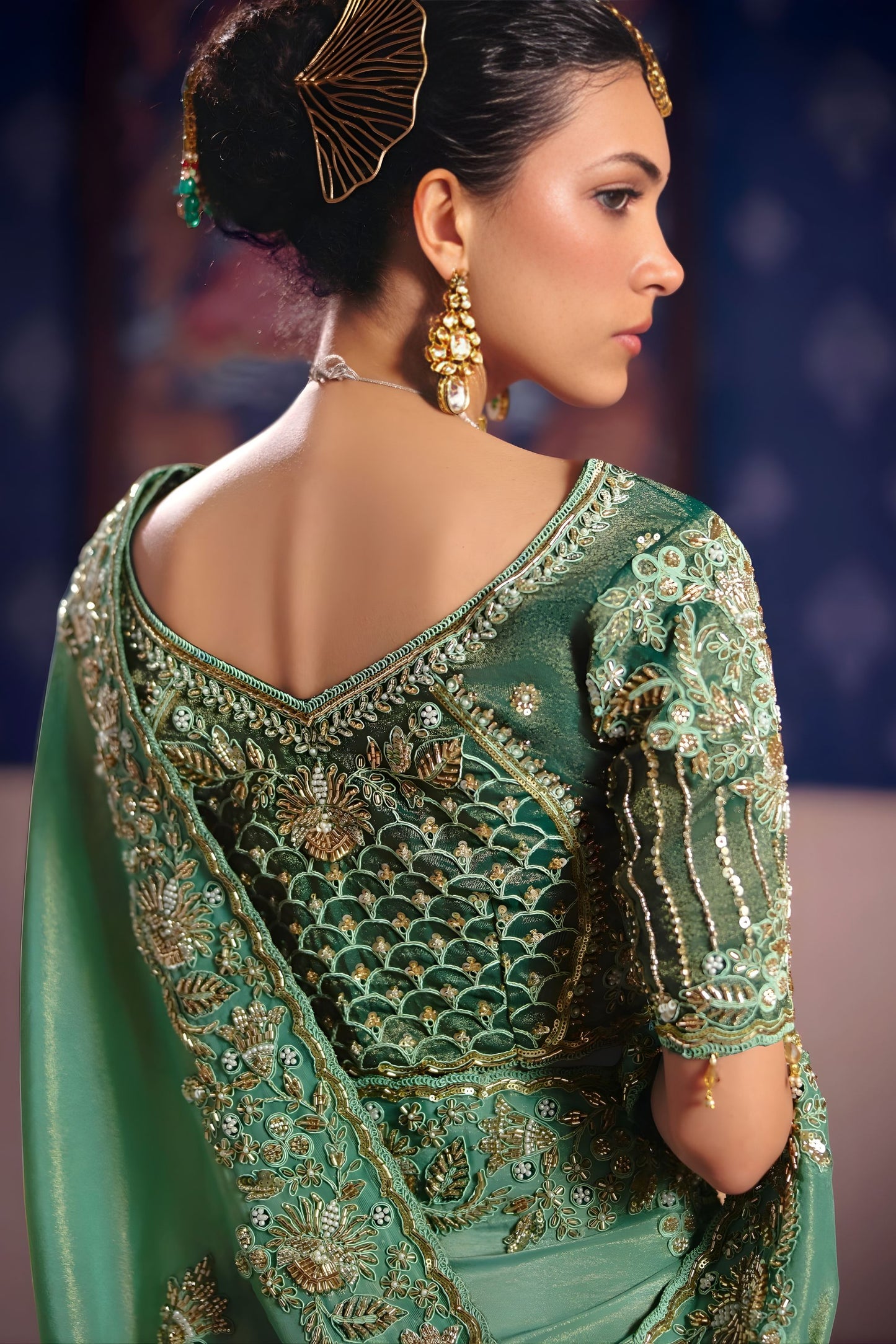 Sea Green Georgette Saree Heavy Zari Embroidery Designer Blouse