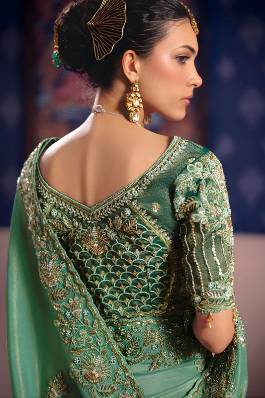 Sea Green Georgette Saree Heavy Zari Embroidery Designer Blouse