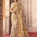 Luxury Beige Dola Zari Silk Saree with Heavy Embroidery Thread Work for Women