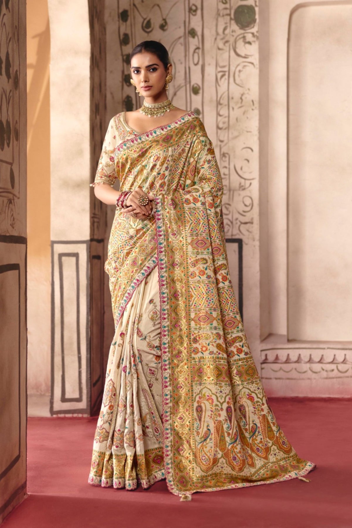 Luxury Beige Dola Zari Silk Saree with Heavy Embroidery Thread Work for Women