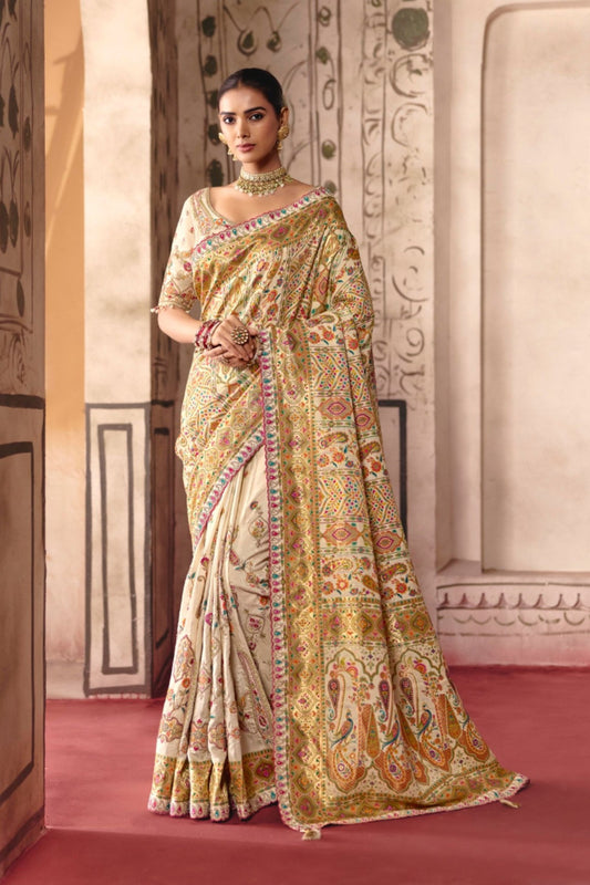 Luxury Beige Dola Zari Silk Saree with Heavy Embroidery Thread Work for Women
