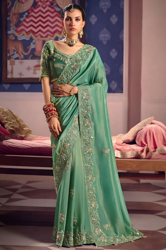  Sea Green Georgette Saree Heavy Zari Embroidery Designer Blouse 
