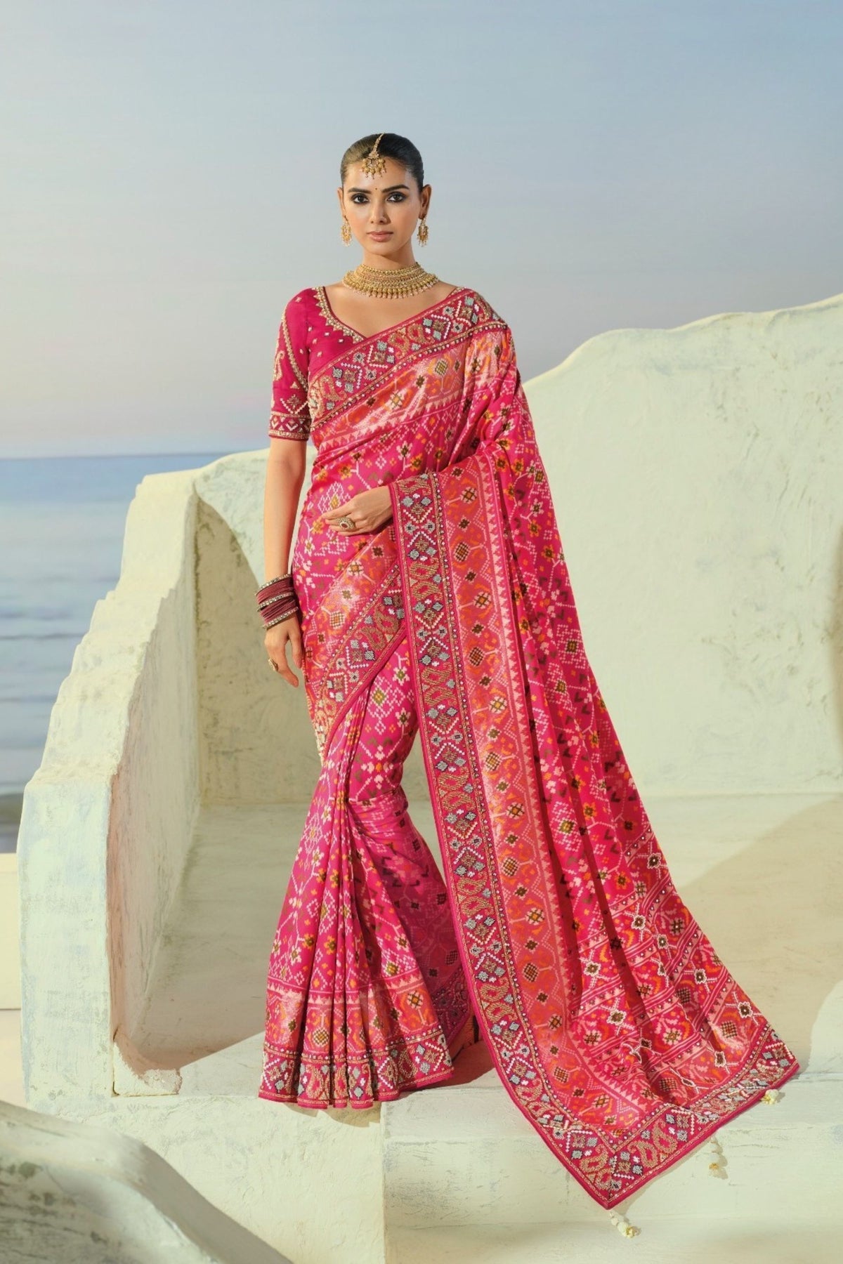 Beautiful Pink Pure Patola Silk Saree Mirror Moti & Cut-Dana Work for Women