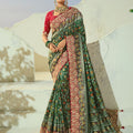 Magnificent Dark Green Pure Patola Silk Saree Mirror Moti Cut-Dana Work for Women