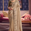  Beige Georgette Saree Heavy Zari Stone Embroidery Designer Blouse 