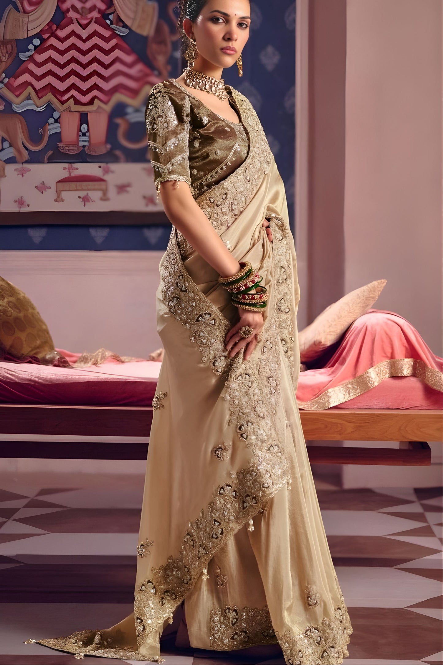 Beige Georgette Saree Heavy Zari Stone Embroidery Designer Blouse
