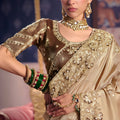 Beige Georgette Saree Heavy Zari Stone Embroidery Designer Blouse