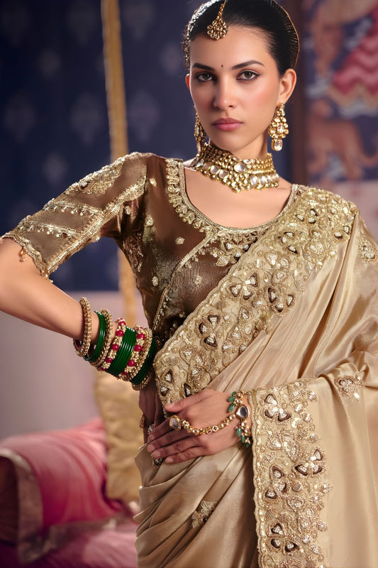 Beige Georgette Saree Heavy Zari Stone Embroidery Designer Blouse
