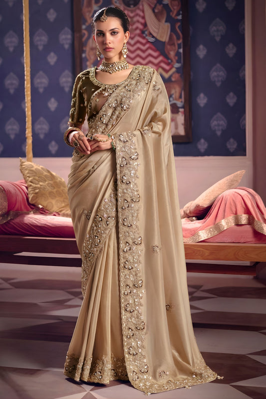  Beige Georgette Saree Heavy Zari Stone Embroidery Designer Blouse 