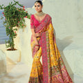 Stylish Yellow Pure Patola Silk Saree Mirror Moti Cut-Dana Work for Women
