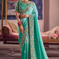 Aqua Green Georgette Saree Heavy Zari Embroidery  Designer Blouse 