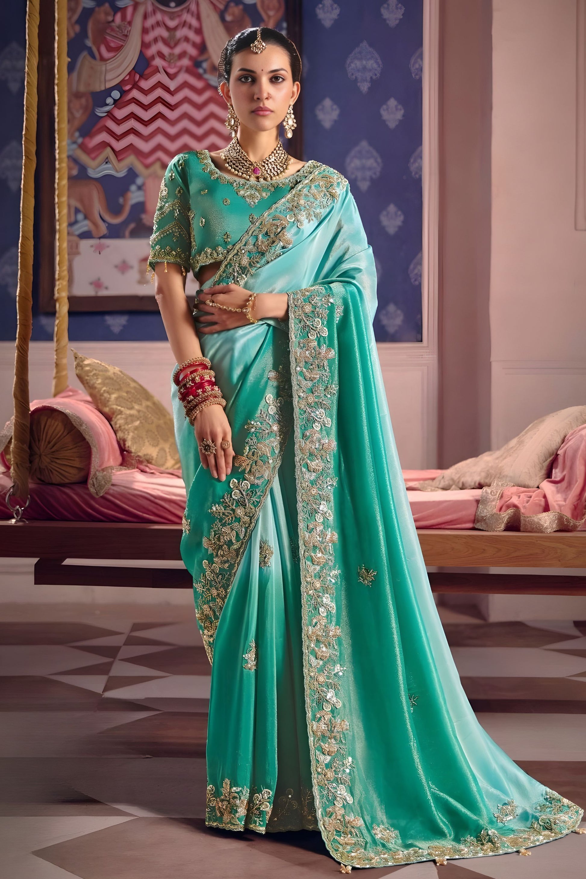 Aqua Green Georgette Saree Heavy Zari Embroidery  Designer Blouse 