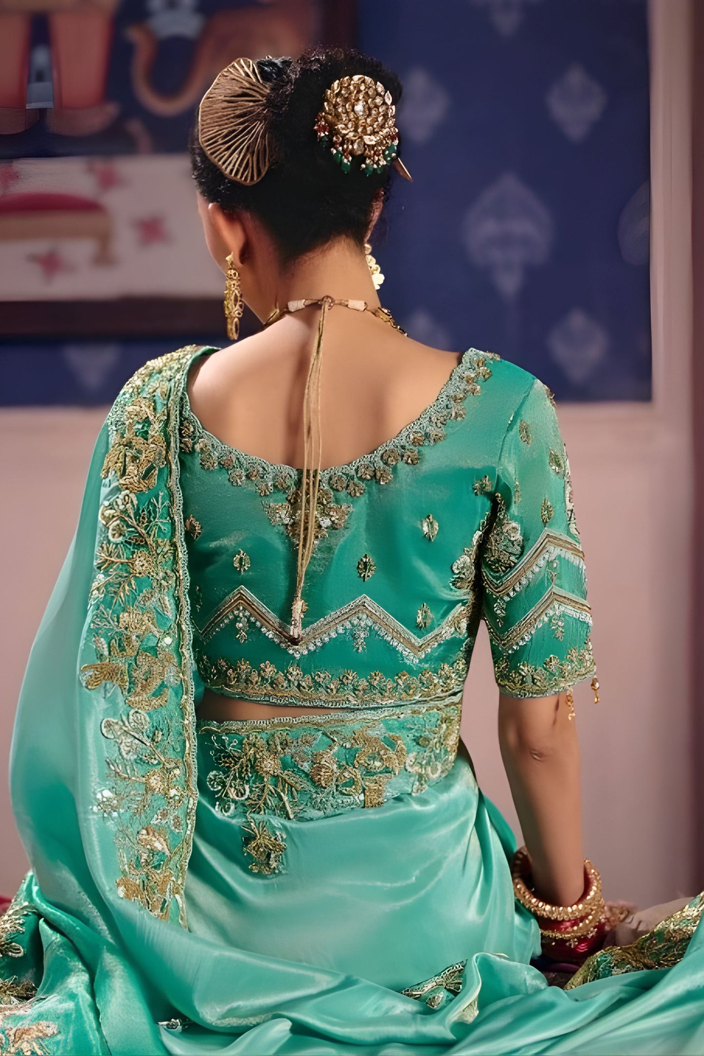 Aqua Green Georgette Saree Heavy Zari Embroidery  Designer Blouse
