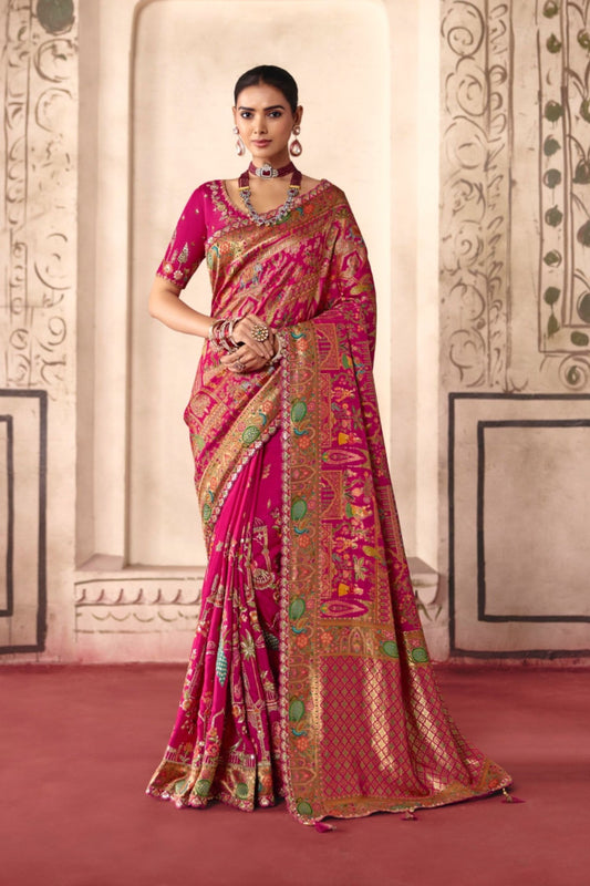 Adorable Rani Pink Dola Zari Silk Saree with Heavy Embroidery Thread Work for Women