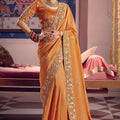 Mustard Orange Georgette Saree Heavy Zari Embroidery Designer Blouse
