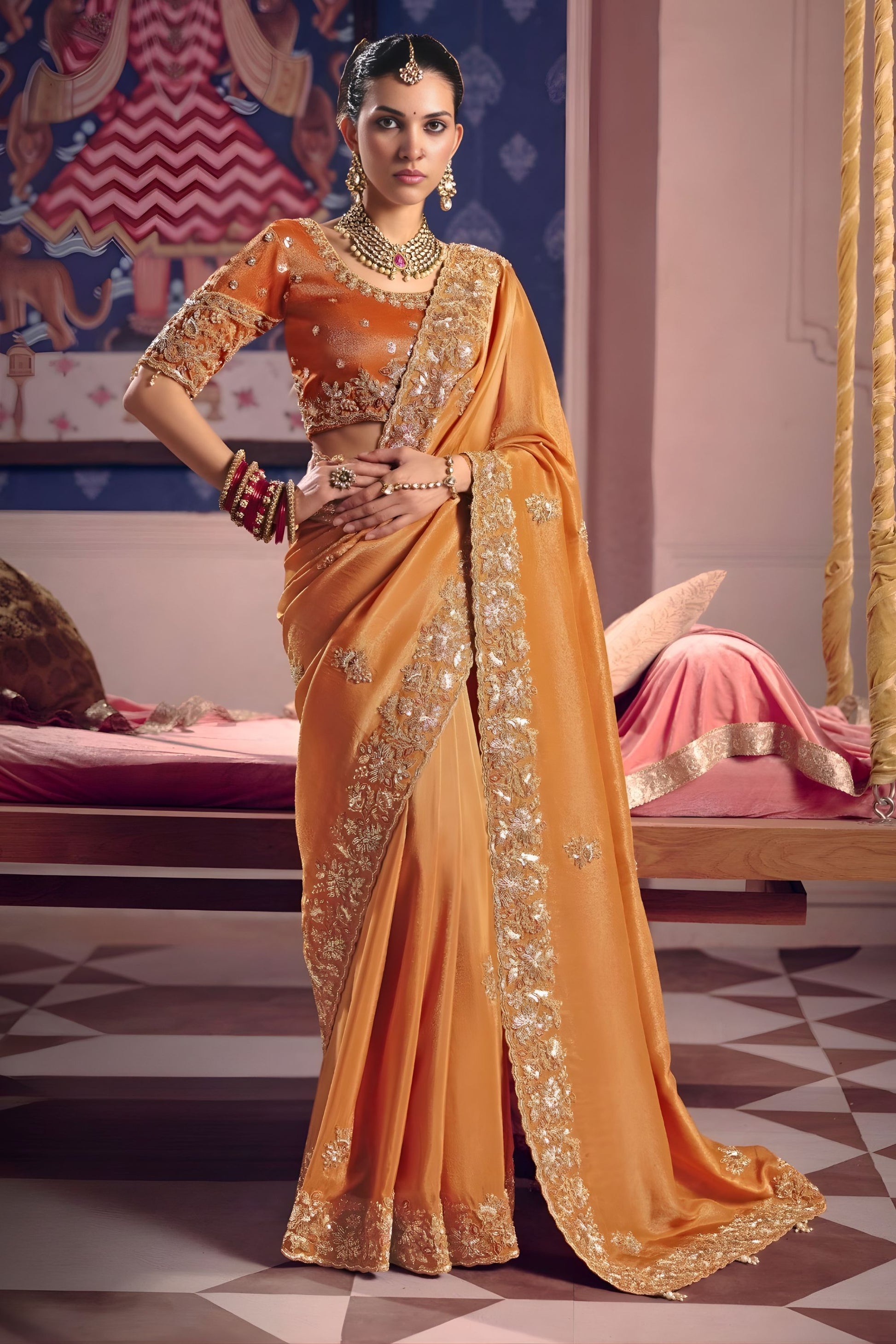 Mustard Orange Georgette Saree Heavy Zari Embroidery Designer Blouse