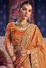 Mustard Orange Georgette Saree Heavy Zari Embroidery Designer Blouse
