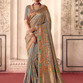 Amazing Grey Dola Zari Silk Saree with Heavy Embroidery Thread Work for Women