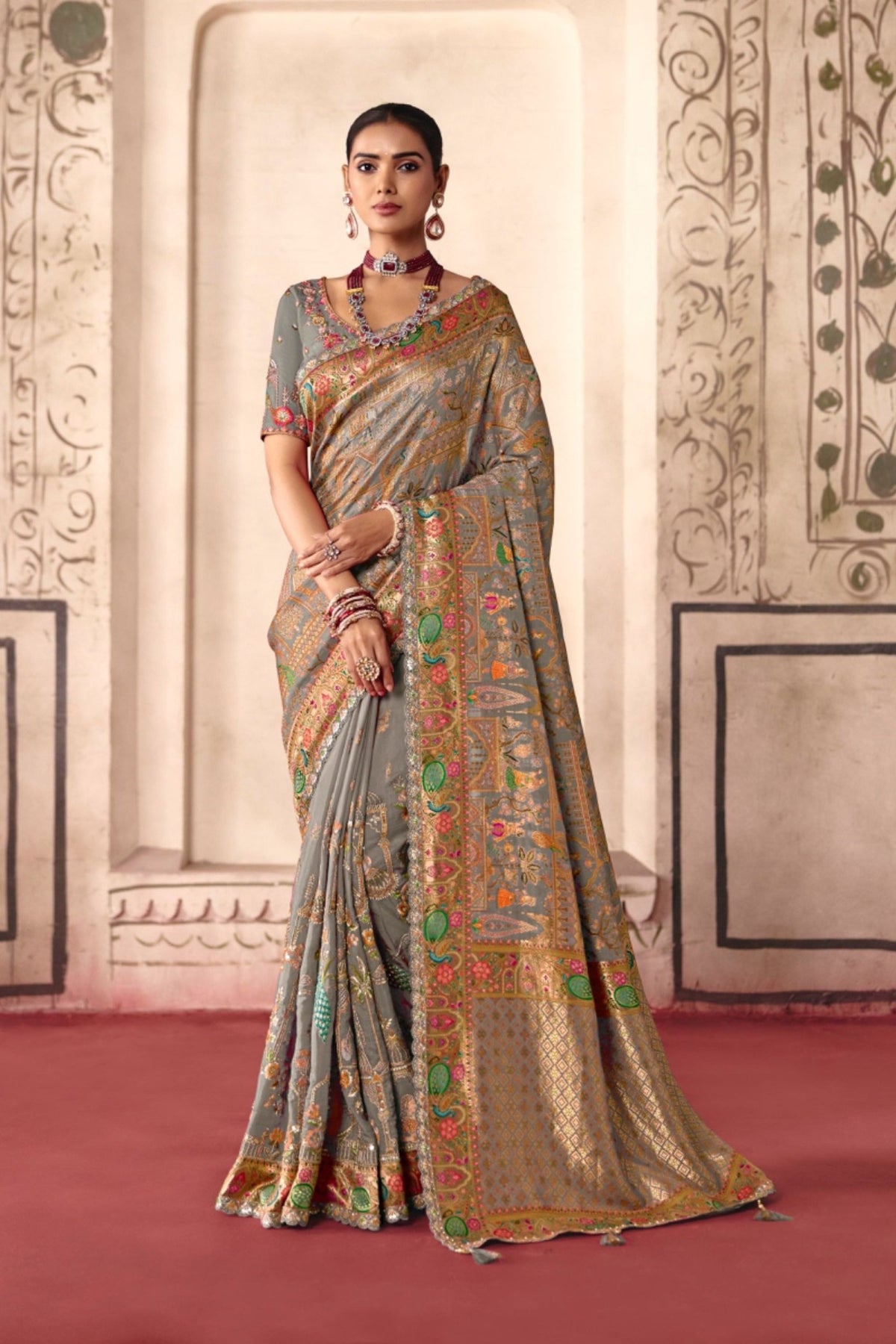 Amazing Grey Dola Zari Silk Saree with Heavy Embroidery Thread Work for Women