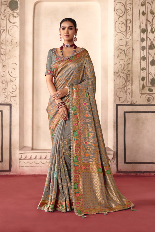 Amazing Grey Dola Zari Silk Saree with Heavy Embroidery Thread Work for Women
