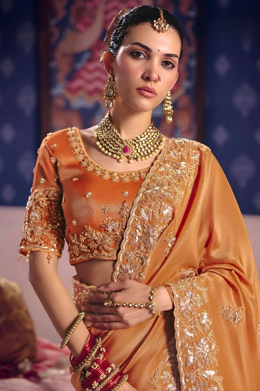 Mustard Orange Georgette Saree Heavy Zari Embroidery Designer Blouse