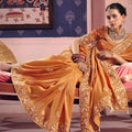 Mustard Orange Georgette Saree Heavy Zari Embroidery Designer Blouse