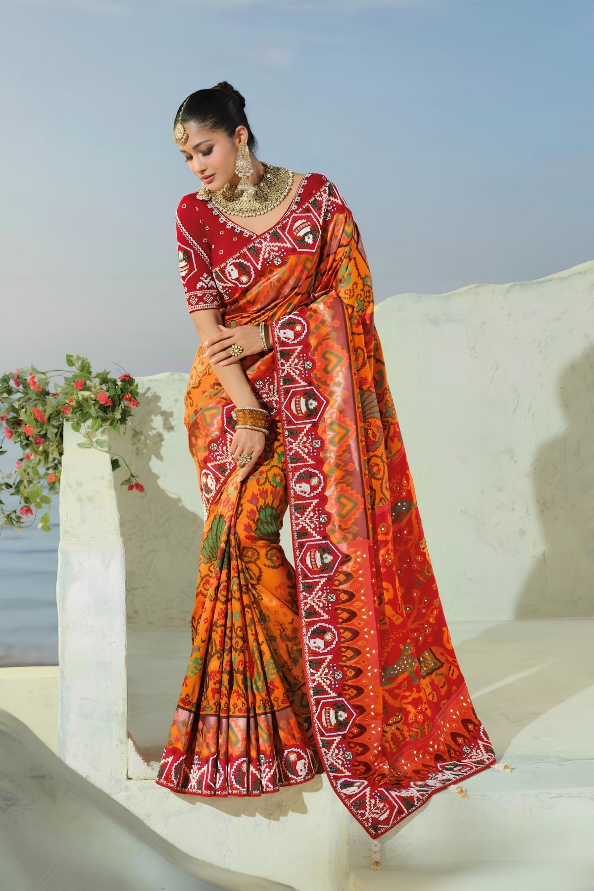 Vibrant Orange Pure Patola Silk Saree with Original Mirror Moti & Cut-Dana Work for Women