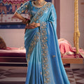 Sky Blue Georgette Saree Heavy Zari Embroidery Designer Blouse