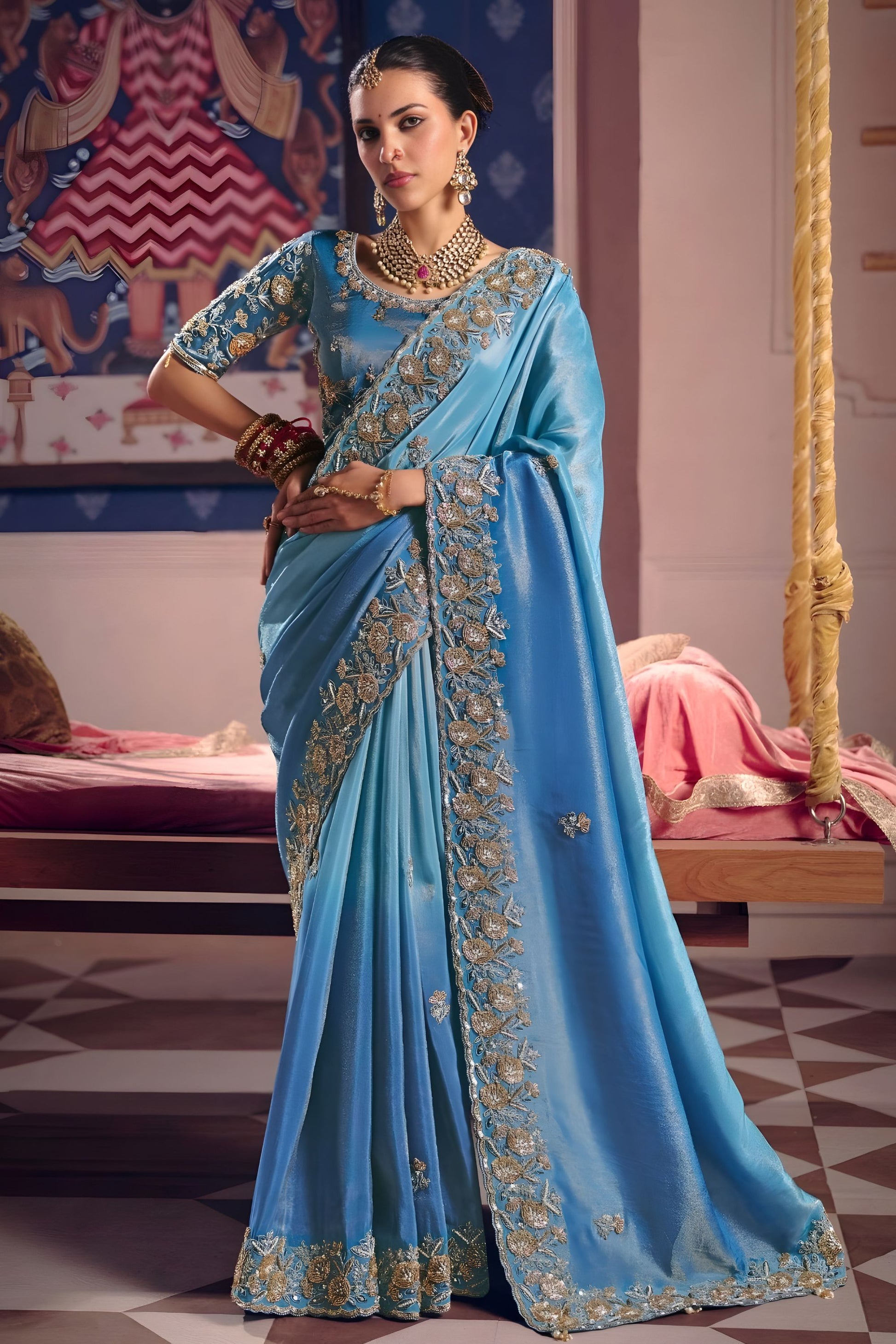 Sky Blue Georgette Saree Heavy Zari Embroidery Designer Blouse