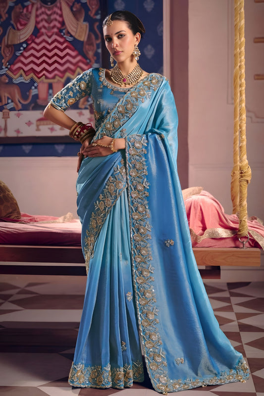 Sky Blue Georgette Saree Heavy Zari Embroidery Designer Blouse