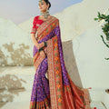 Lovely Purple Pure Patola Silk Saree Mirror Moti Cut-Dana Work for Women