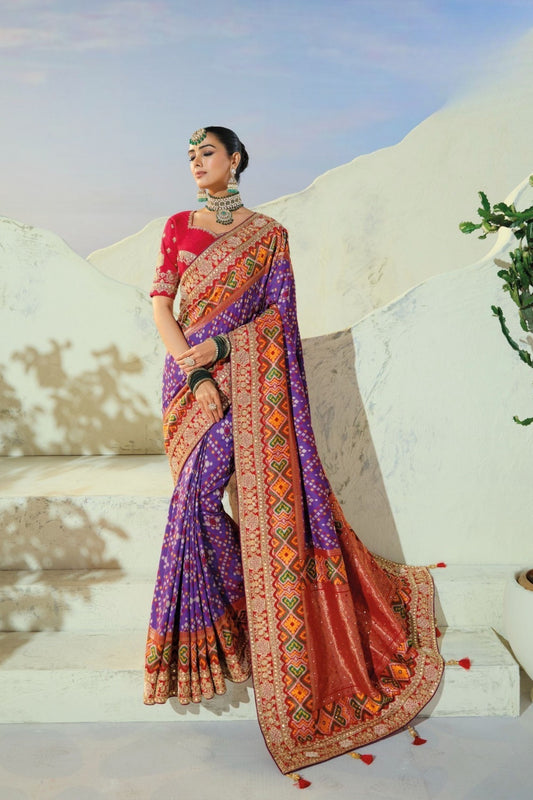 Lovely Purple Pure Patola Silk Saree Mirror Moti Cut-Dana Work for Women