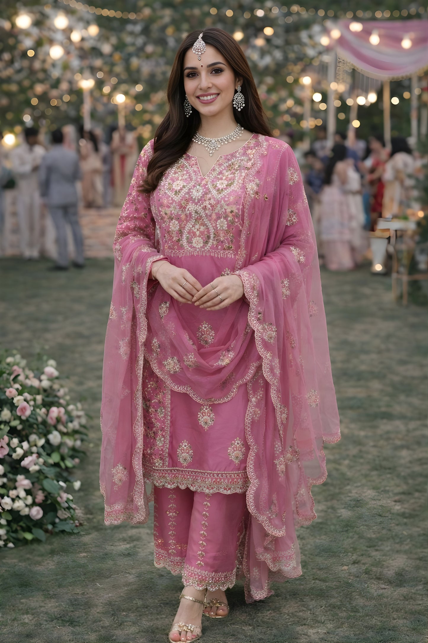 Beautiful Pink Shimmer Silk Wedding Wear Readymade Salwar Suit for Women