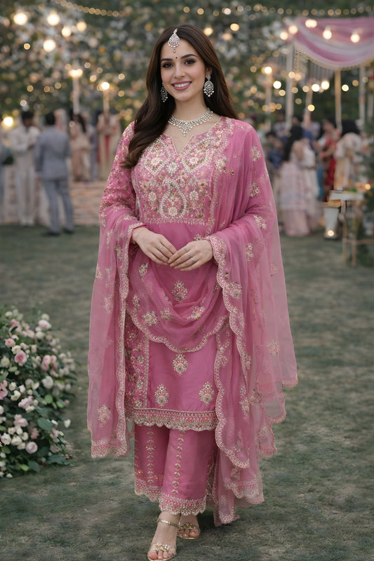 Beautiful Pink Shimmer Silk Wedding Wear Readymade Salwar Suit for Women