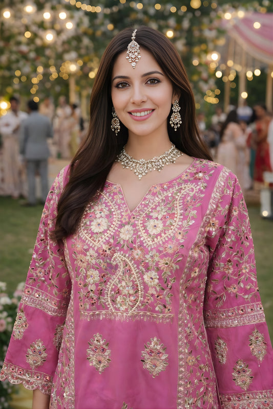 Beautiful Pink Shimmer Silk Wedding Wear Readymade Salwar Suit for Women