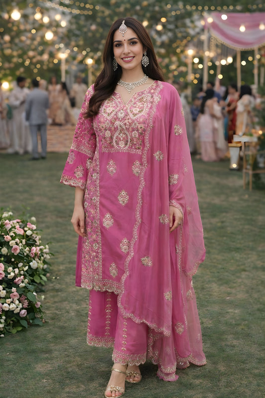 Beautiful Pink Shimmer Silk Wedding Wear Readymade Salwar Suit for Women