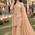 Elegant Peach Viscose Embroidered Readymade Palazzo Suit Set with Dupatta for Women