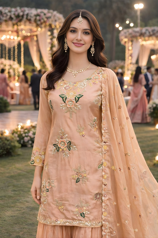 Elegant Peach Viscose Embroidered Readymade Palazzo Suit Set with Dupatta for Women