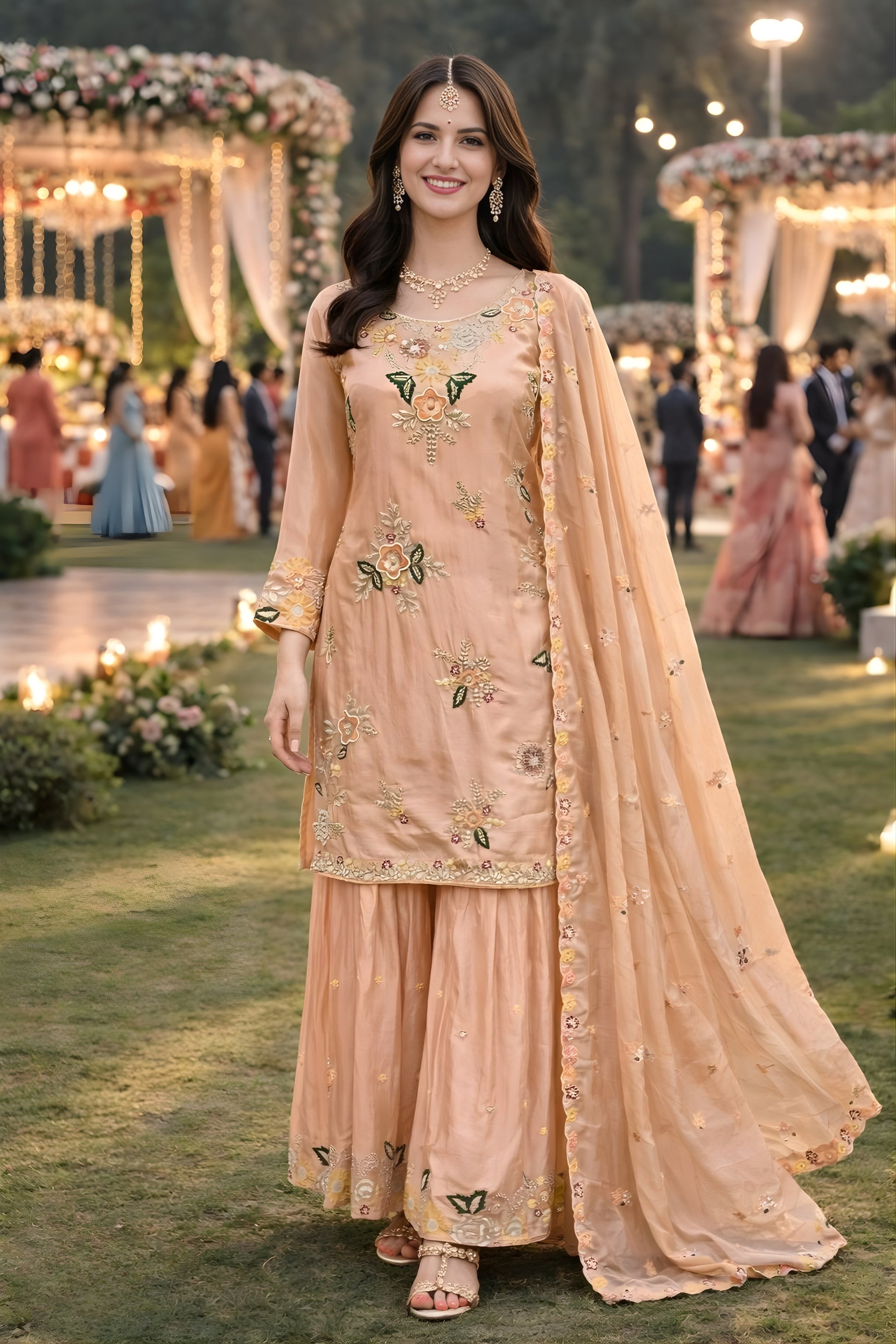 Elegant Peach Viscose Embroidered Readymade Palazzo Suit Set with Dupatta for Women
