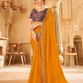 Mustard Yellow Silk Saree Heavy Embroidered Lace Border Purple Blouse 