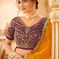 Mustard Yellow Silk Saree Heavy Embroidered Lace Border Purple Blouse