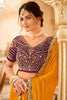 Mustard Yellow Silk Saree Heavy Embroidered Lace Border Purple Blouse