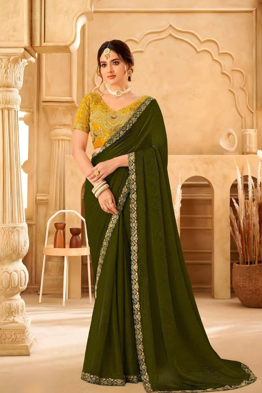 Olive Green Silk Saree Embroidered Lace Border Mustard Yellow Designer Blouse