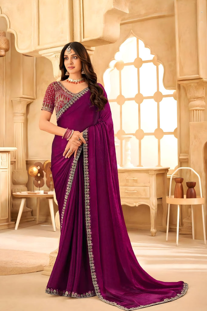  Purple Silk Saree with Embroidered Border Designer Blouse