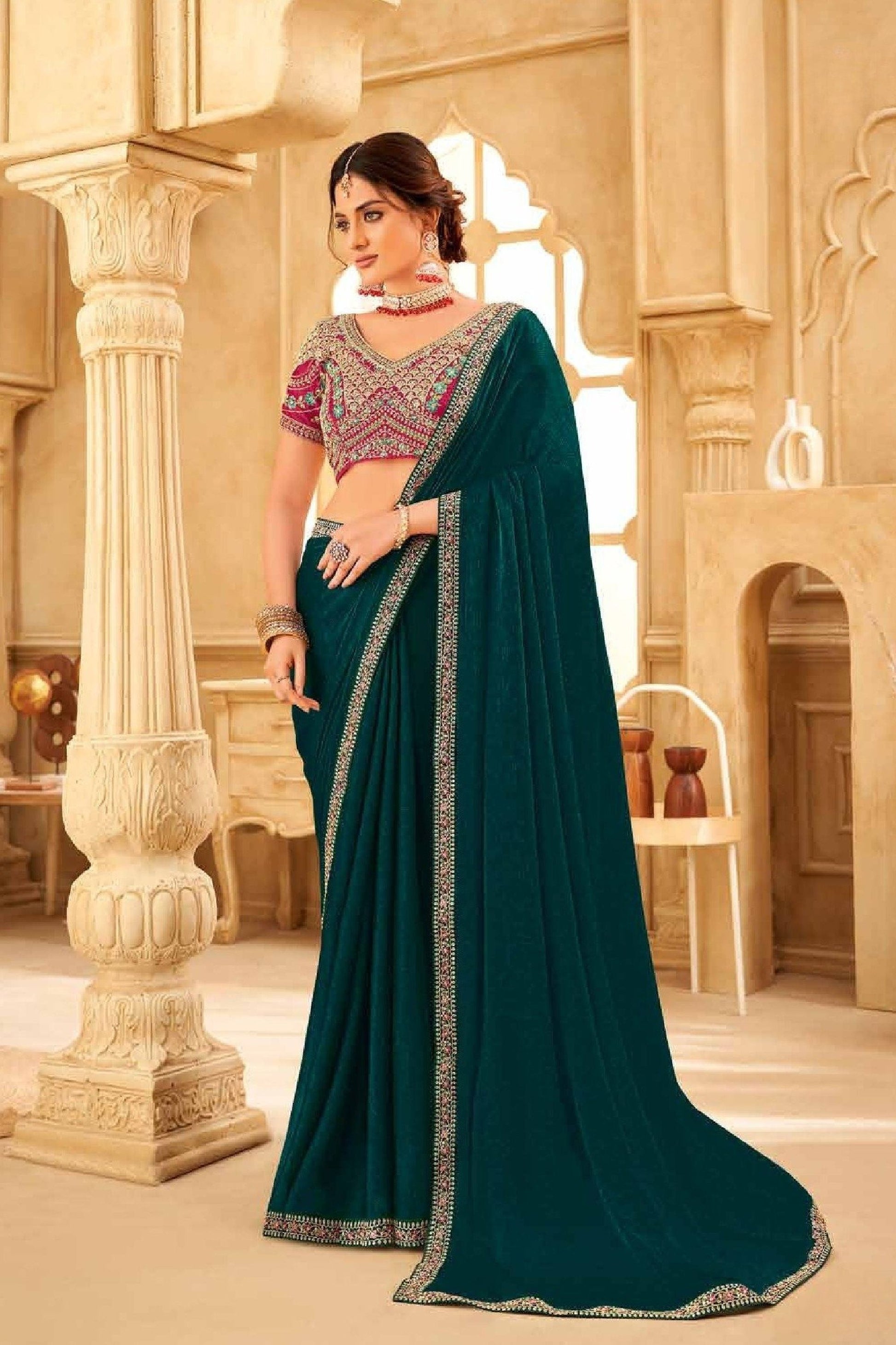 Teal Green Embroidered Saree with Designer Blouse Party Wear