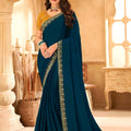 Teal Blue Georgette Saree Embroidered Border Mustard Designer Blouse 